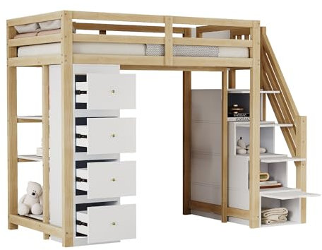 xixiworkshop Hochbett 90 * 200cm mit Aufbewahrungsschublade Kommode&Regalen,Sicherheits-Kletterleiter,Aufbewahrungsschubladen,Multifunktionales,Kinderbett Jugendbett, Weiß (Holzfarbe, 90 * 200cm)