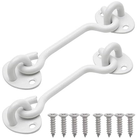 2pcs White Cabin Hooks 6 Inch, Stainless Steel Gate Hook Lock, Solid Barn Door Hook for Door Gate Shed Window Closet with Mounting Screws (6inch)