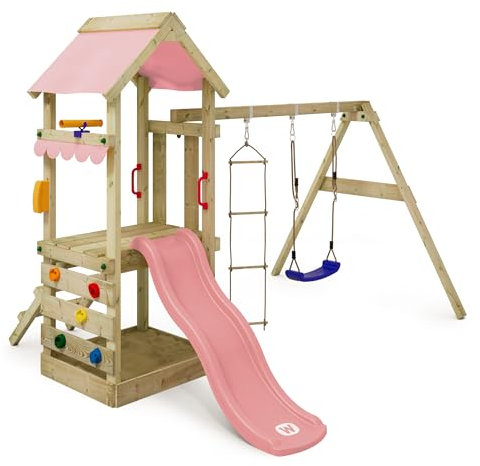 WICKEY Spielturm Klettergerüst FreshFlyer mit Schaukel & Rutsche, Outdoor Kinder Kletterturm mit Sandkasten, Leiter & Spiel-Zubehör für den Garten… (Pastellpink)