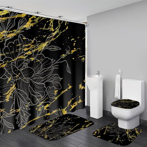 AZHM Duschvorhang-Set aus schwarzem und goldenem Marmor, florale Duschvorhänge für Badezimmer, Marmor und Blumen, modernes Badezimmer-Vorhang-Dekor-Set mit Teppichen und Zubehör, 4-teilig