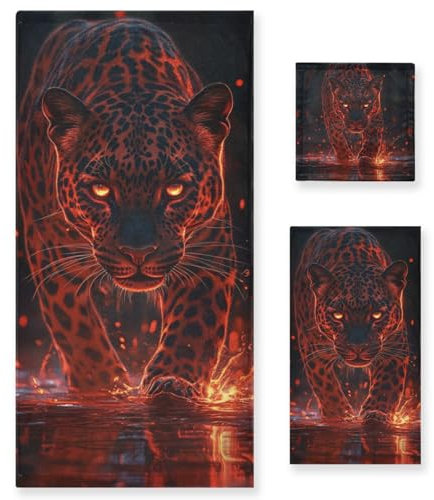 Wunderschönes Feuer-Leoparden-Handtuch-Set, 3-teilig, 1 Badetuch, 1 Handtuch, 1 Waschlappen für Zuhause, Küche, Hotel, Fitnessstudio, Schwimmen, Spa