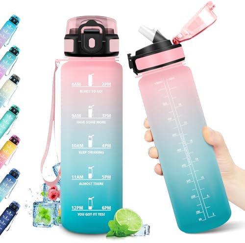 Gourde 1L, Bouteille Réutilisable, Gourde sans BPA, Bouteille avec Paille et Marqueur de Temps, Gourde Motivation, Gourde Sport Étanche, Bouteille Sport pour l'école, Sport, Bureau, Randonnée