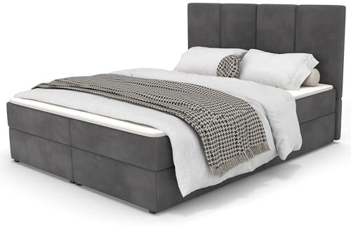 Muralo - Boxspringbett 160x200 cm - Polster-Bett mit Stauraum und Bonell-Matratze H4 - Doppelbett mit gepolstertem Kopfteil - Graphit