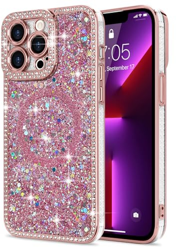 Lafunda Glitter Case for iPhone 13 Pro Compatible with Magsafe, Sparkly Bling Diamonds Phone Case for Women Girls Soft TPU Slim Bumper Anti-Scratch Shockproof Magnetic Protective Cover-Pink