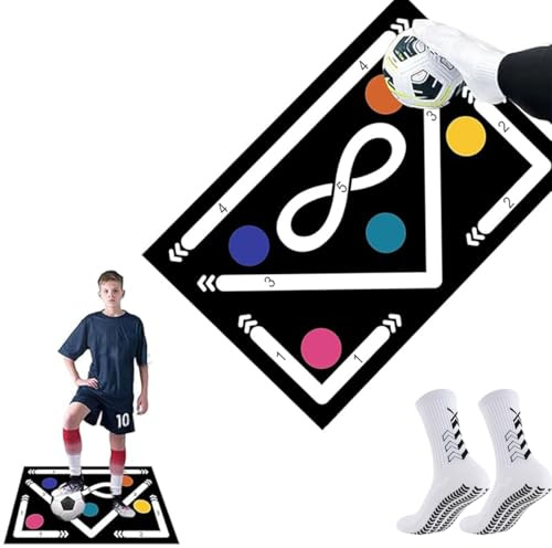 Ruayia Fußball Trainingsmatte, 60x90 CM Fußballmatte mit 1Paar*Fußballsocken, Fußball Schritt Trainingsmatte, Stoßdämpfende Rutschfest, Ballkontrolle Trainingsmatte - Schwarz&Weiß