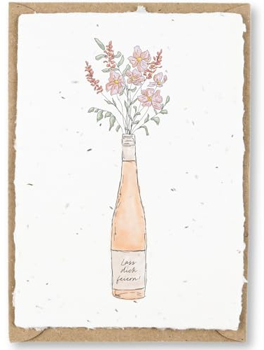 hey little green Geburtstagskarte zum Einpflanzen aus handgeschöpftem Saatpapier | Glückwunschkarte zum Geburtstag | Postkarte mit Weinflasche und Blumen | mit Briefumschlag (Rosé, 1 Karte)