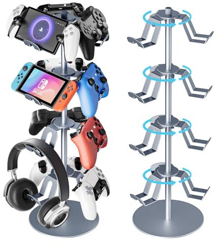ZHGM Supporto per controller di gioco a 4 livelli, in lega di alluminio, girevole, compatibile con PS5, Xbox, Nintendo Switch, PS4, controller per cuffie, organizer per scrivania, grigio