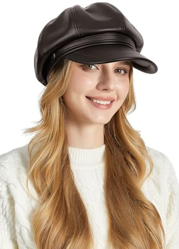 Ausing PU Leder Baskenmützen Barette für Damen Klassische Französische Warm Visor Schirmmütze Ballonmütze Bakerboy Hat Mütze Beret Cap Elbseglermütze Einfarbig Casual Maler Kappe