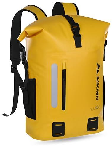 MARCHWAY Roll Top Waterproof Backpack, Floating Dry Bag 20L/30L/45L with Ergonomic Rectangular Base, Cushioned Back, Hip Strap, Gear Loops, MOLLE for Hiking Camping Kayaking Travel (Yellow, 20L)