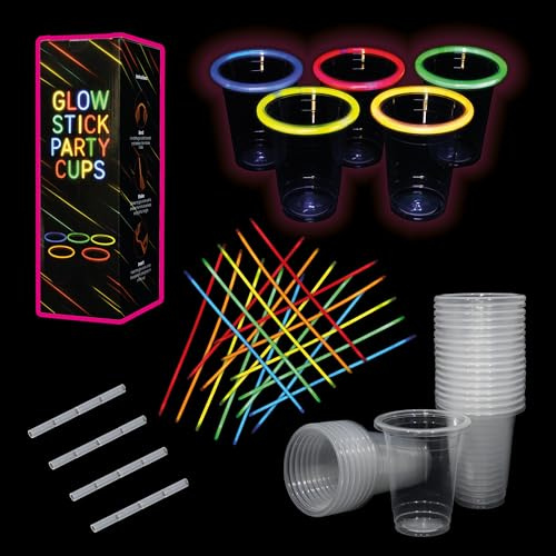Glow Stick Party Cup Set – 20 Plastic Cups with Glow Sticks (450ml / 16oz) – Glow-in-the-Dark Disposable Cups, Perfect for Parties, Birthdays, Christmas, Halloween, NYE, Weddings, and Celebrations