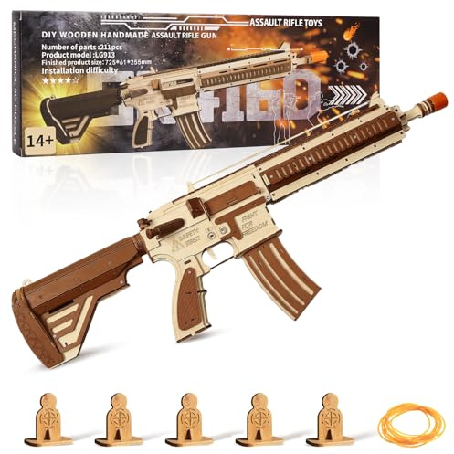 Hallisun 3D Holz Puzzle für Erwachsene, 3D Puzzle M416D Modell Gummiband Holzpistolen Bausatz, kreative DIY Holzpistolenmontage Cooles Pistole Holzpuzzle, Weihnachts und Geburtstagsgeschenk 211 Teile