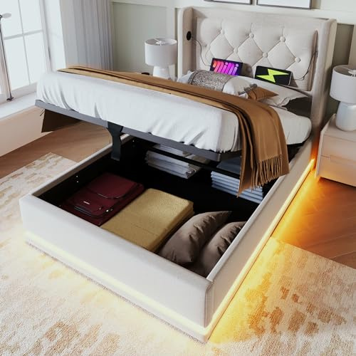 Ball & Cast Polsterbett Einfachbett (90x200cm) - Mit USB-Anschlüssen & Lichtleiste, Hydraulisches Stauraumbett mit Lattenrost, Einfache Montage, Beige, Ohne Matratze