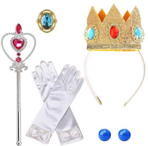 ZHMKYD13 Prinzessin Peach Kostüm Zubehör Set 5-teilig, Krone Zauberstab Ohrringe Handschuhe Brosche, Princess Peach Dress up Kit für Mädchen, passend für Geburtstag Halloween Karneval Cosplay Party
