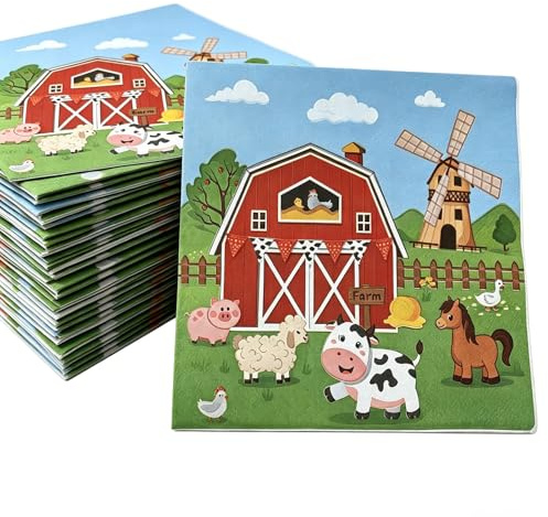 Tourima 20 Bauernhof Servietten, 33 x 33 cm, Tierparty Kindergeburtstag | 20 farbenfrohe Bauernhof Servietten mit Kuh, Pferd und Scheune, ideal als Tischdeko für Kindergeburtstag sowie Tierparty.