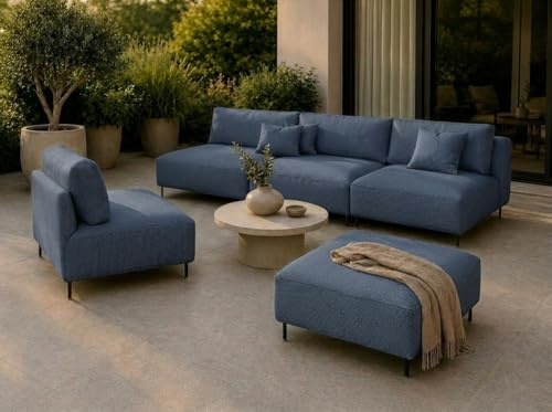 A&J MöbelLand Outdoor Lounge Set Sun mit Sofa, Sessel und Hocker in Blau - Wetterfestes Gartenmöbel Set für Terrasse, Balkon und Garten