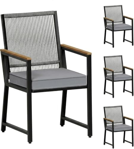 LIFERUN 4er Set Gartenstühle Rattan, Wetterfest, Balkonstuhl aus Metall | Essstühle mit WPC Armlehne, 4pcs Outdoor Stuhl mit abnehmbar Kissen, 160 kg belastbar, für Terrasse, Garten Balkon Pool, Grau