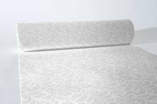 Sovie HORECA Tischläufer Carlo in Weiss aus Linclass-Airlaid, 40cm x 24m, perforiert alle 120cm, Ornamentdesign, 1 Rolle, eleganter Einwegtischläufer für Hochzeit, Gastronomie und Feste