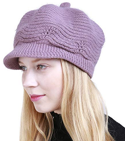 Muryobao Damen Wintermütze, warm, mit Zopfmuster, Totenkopf-Mütze mit Visier - Pink - Einheitsgröße