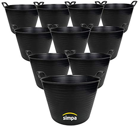simpa 10 x 42L 42 Litre Large Robust Flexi Tub - BLACK - Multi Purpose Flexible Plastic Storage Container Bucket