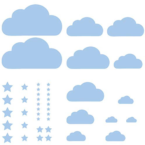 Wolken Sterne Set - 43 teilig - Wolke Wandtattoo Wandaufkleber Sticker Aufkleber Wölkchen Himmel - erhältlich in vielen Farben (Babyblau)