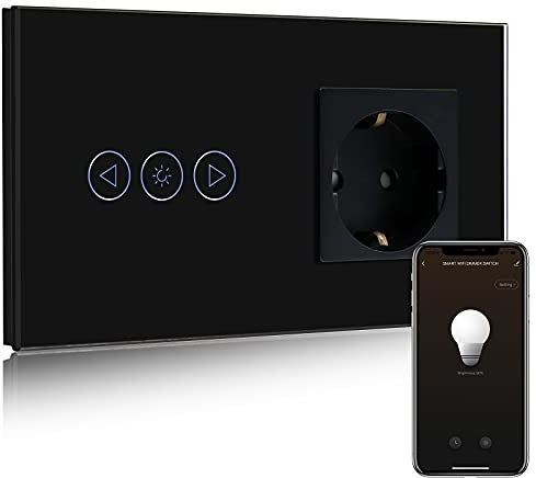 BSEED Normal Steckdose mit Smart Alexa Dimmer Lichtschalter,Kompatibel mit Alexa,Google Home, Glas Touchscreen-schalter,Lichtschalter 1 Fach 1 Weg 16A Steckdose Schwarz(Neutrale Leitung benötigt)