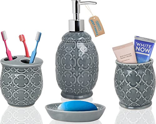 Designer 4-TLG. Bad-Accessoire-Set - Keramik-Bad-Set mit Flüssigseifen- oder Lotion-Spender, Zahnbürstenhalter, Becher und Seifenschale - Dekoratives Set mit geprägten Details - Vanity-Accessoire