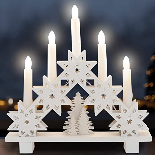 GloBrite Natural Wooden Christmas Candles Bridge With Village Light Up Decorations | Battery Candles With 5 LEDs | Table Centrepiece, Window Decorations