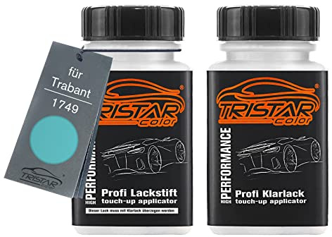TRISTARcolor Autolack Lackstift für Trabant 1749 Kristallblau + Klarlack | Set aus Basislack + Klarlack, Lackfläschchen mit Pinsel, je 50ml