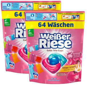 Weißer Riese Color Trio-Caps Aromatherapie Essentials (2x64 Wäschen), Waschmittel mit Orchidee & Macadamiaöl, Colorwaschmittel mit ätherischen Ölen & intensivem Frische-Effekt