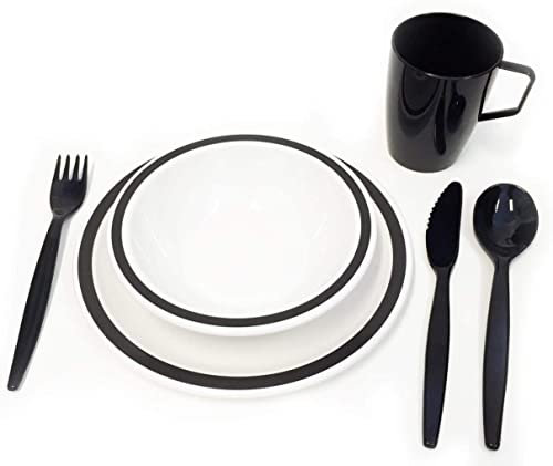 Harfield Black & White Duo Camping Tableware Set - Reusable Virtually Unbreakable Polycarbonate Plastic