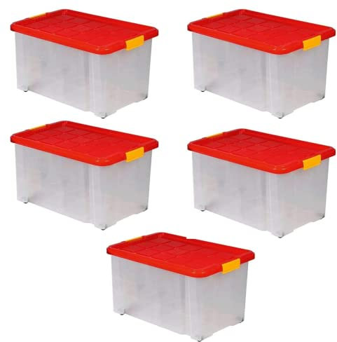 ARTECSIS 5 Aufbewahrungsboxen aus Plastik, 60x40x30 cm, mit Deckel, Eurobox, mit Rollen, stapelbar, 55L