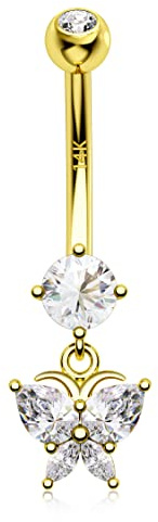 Melighting 14K Solid Gold Dangle Belly Piercing Bar Butterfly Navel Rings Externally Threaded Belly Barbells Navel Piercing Jewelry for Women, Gelbgold, Zirkonia