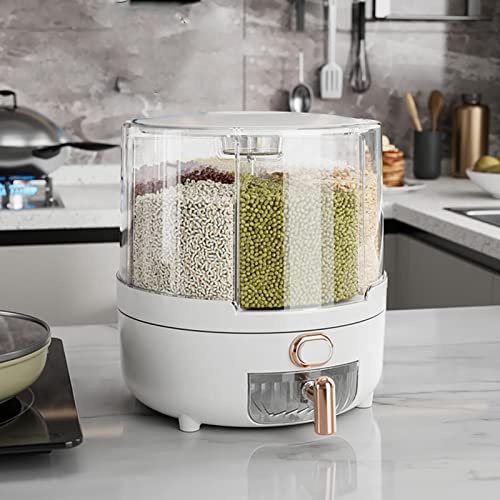 Fdit 360° Rotating Dispenser, Grain Storage Box 6 Compartments PP Plastic Smart Quantification Easy To Open for Kitchen Use (M), White (Fditbm1izsyf23-11)