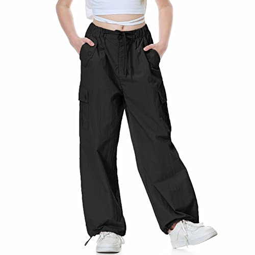 Rolanko Ragazze Pantaloni Larghi da Paracadutista, Joggers Vintage Y2K con Elastico in Vita Regolabile per Bambini, Nero, Taglia: 160