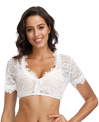 ELFIN Damen Dirndlblusen Kurzarm Spitze Tracht Bluse Elegante Halbarm Bluse, K-Weiße-Spitze-Rose, 34