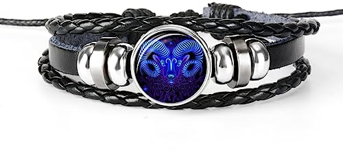 LODMLOER Widder 12 Sternbild-Armband – Herren-Leder-Sternzeichen-Armband, Charms-Armbänder, Widder, Fische, Wassermann, Löwe, Skorpion, Waage, Zwillinge, Schmuck, Widder