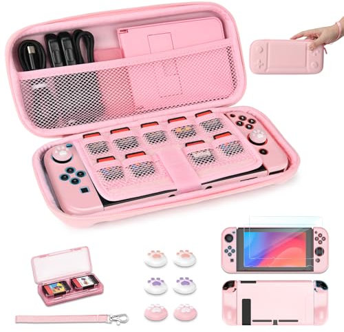 Younik Switch Tasche für Switch 2017 Modell, 14 in 1 Switch Zubehör Bundle mit Switch Tragetasche, schützendes Zubehör für Switch Konsole & J-Con, Game Card Case (Rosa, Knopf Typ