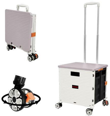 Faltbare Einkaufstrolley-Box auf Rädern mit Deckel, verschleißfester, geräuschloser 360 ° -Drehung und verstellbarem Kofferraumwagen aus Aluminiumlegierung, Tragkraft 45 kg Tragbarer langlebiger