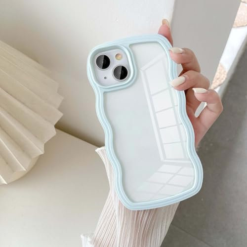 UEEBAI Case for iPhone 15 6.1 inch, Cute Clear Simple Wave Wavy Curvy Slim Fit Shockproof Protective Phone Bumper Cover Translucent Soft Pretty Anti-Scratch TPU Case - Baby Blue