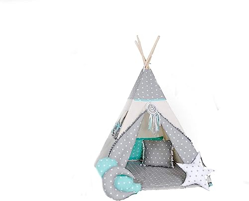 Kinder Teepee Tipi Set für Kinder Spielzeug drinnen draußen Spielzelt Zelt 8 Elemente dabei Tipi-Set Indianer Indianertipi mit Fenster usw. (mit kleinem Zubehör, Wolf Stern Grau)