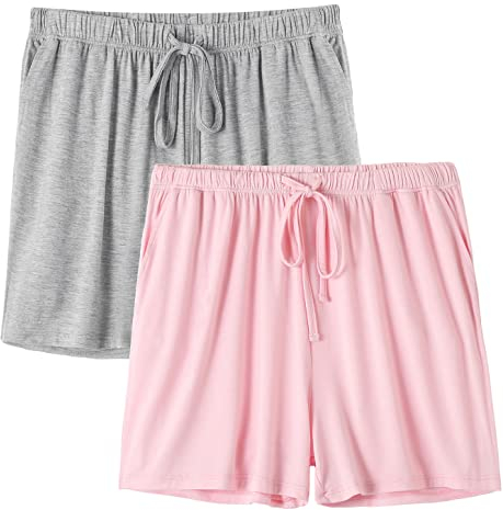 vislivin Pyjamahose für Damen Kurz Schlafanzughose Weicher Freizeit Nachtwäsche Kurz mit Taschen Grau/Rosa L
