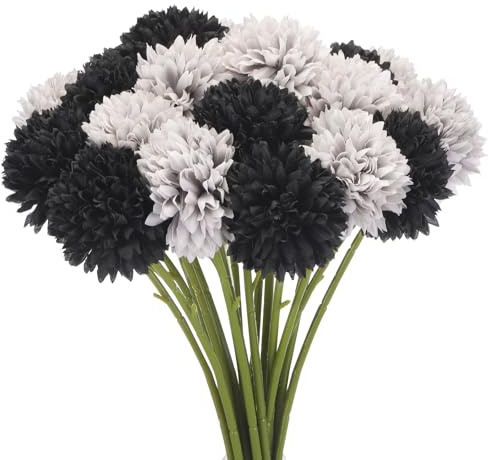 QUARKZMAN Künstliche Blumenköpfe Seiden Chrysantheme Kugel Hortensie Grau Schwarz Falsche Blumen für Heimwerker Bastelarbeiten Hochzeit und Party Dekoration Packung von 20