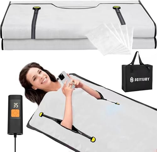 SEIYIJAY Infrared Sauna Blanket, Silvery, Oxford, Single Layered, 70.8 x 33.5 inches, Home Sauna with Remote, Detox, Muscle Recovery, Relaxation