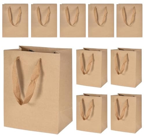 Geschenktüte Papiertasche 10 Stück Papiertüten mit Henkel 18X10X23 cm Wiederverwendbare Kraftpapier Tüten für Valentinstag Lebensmittel Backen Merchandise Geburtstag Hochzeit Weihnachtsfeier (Braun)