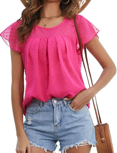 AVAYUU Chemisier en mousseline de soie pour femme - Manches courtes - Swiss Dot - Élégant - Col rond - Plissé - Tunique d'été - Couleur unie - Décontracté - Taille M à 3XL, Rose foncé, XL