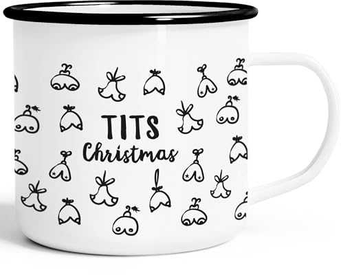 Moonworks® Emaille-Tasse Weihnachten lustig Tits Christmas Brüste Motiv Geschenk Titten Busen Muster Doodle emaille-weiß-schwarz standard