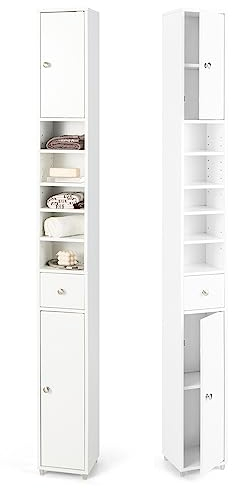 GIANTEX Badschrank Hochschrank, 20 x 20 x 180 cm, Badezimmerschrank Schmal mit Schublade, 2 Türen & 5 offenen Ablagen, Schrank fürs Badezimmer & Wohnzimemr (Weiß)