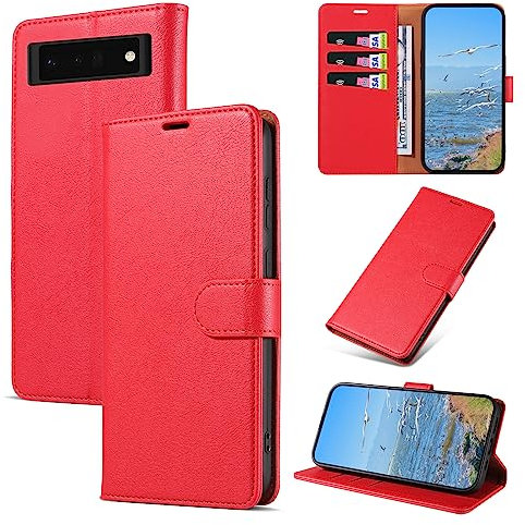 KKEIKO Handyhülle für Google Pixel 6 Hülle, Magnet Klappbar Handyhülle mit Kartenfach, PU Leder Stoßfest Schutzhülle für Google Pixel 6, Rot