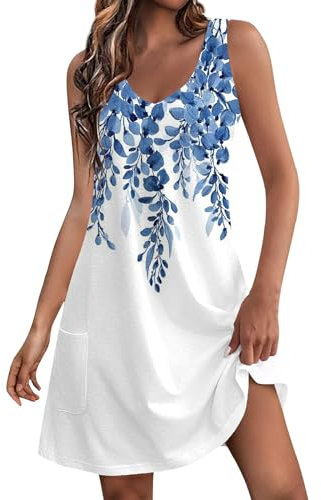 Robe Tunique Longue D'Été Fluide en Coton pour Femme - Manche Courte, Style Tee-Shirt, Grande Taille - Bleu L