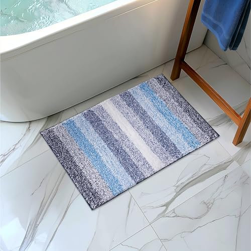 JEMIDI Badvorleger aus 100% Baumwolle - Flauschige Badematte blau weiß - 80 x 50cm - Duschvorleger Badezimmer Teppich - Badeteppich Badematte waschbar - Badmatte rutschfest